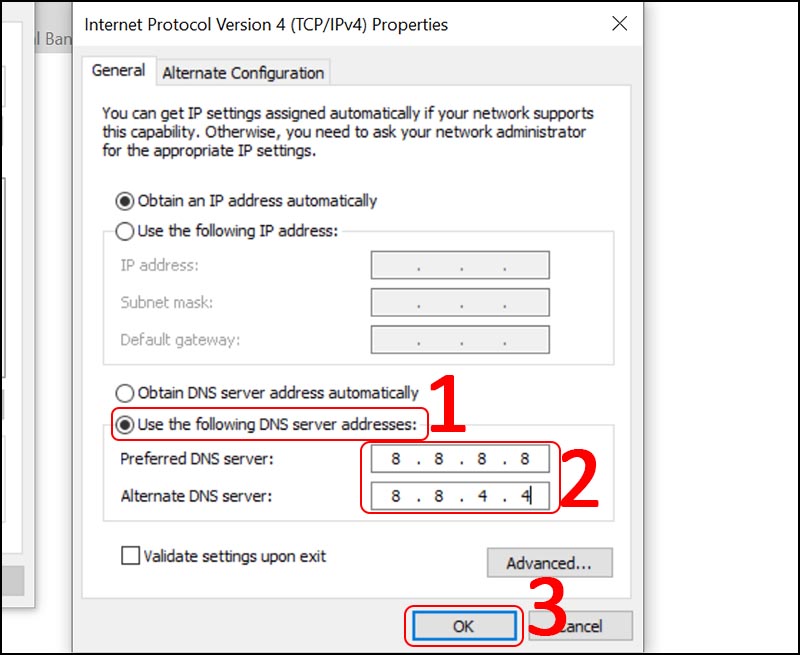 Chọn Use the following DNS server addresses > Nhập thông số như hình minh họa > Chọn OK.